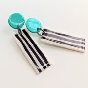 Sparkly Green Circle Topped Striped Trapeze Earrings