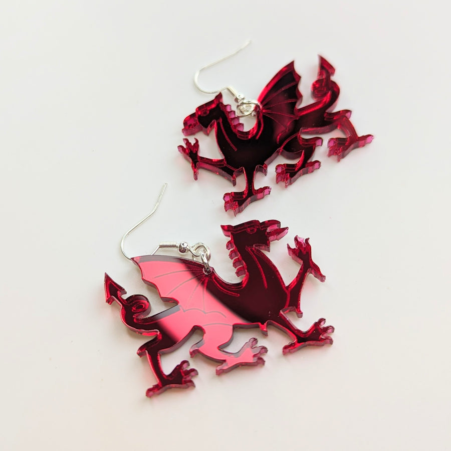 Mirrored Red Acrylic Welsh Dragon Drop Earrings