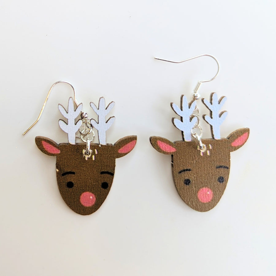 Wooden Christmas Rudolf The Reindeer Earrings