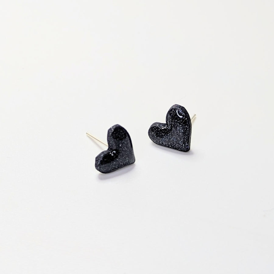 Sparkly Black with Blue Glitter Heart Stud Earrings