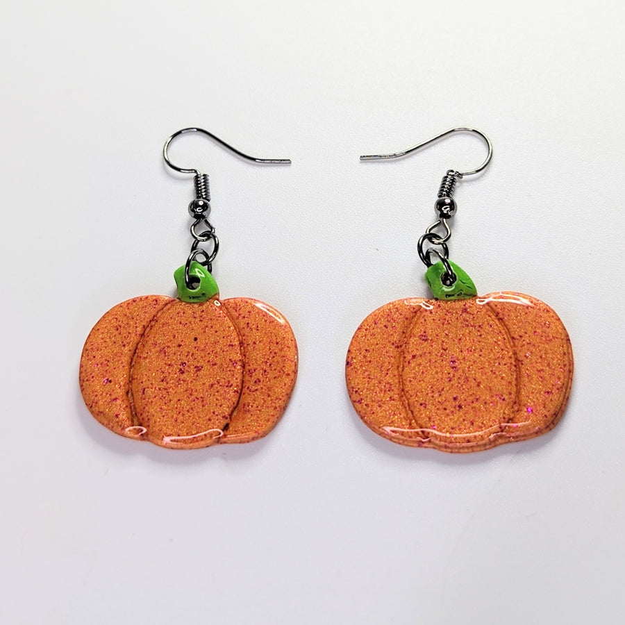 Sparkly Orange with Pink Glitter Pumpkin Earrings