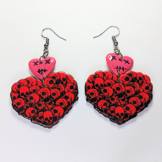 Heart Topped Red Skull Heart Trapeze Earrings