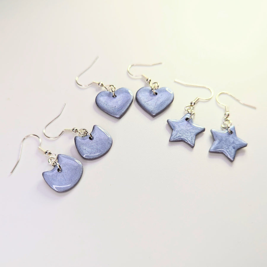 Sparkly Silvery Blue Star, Heart & Cat Face Drop Earring Triple Pack