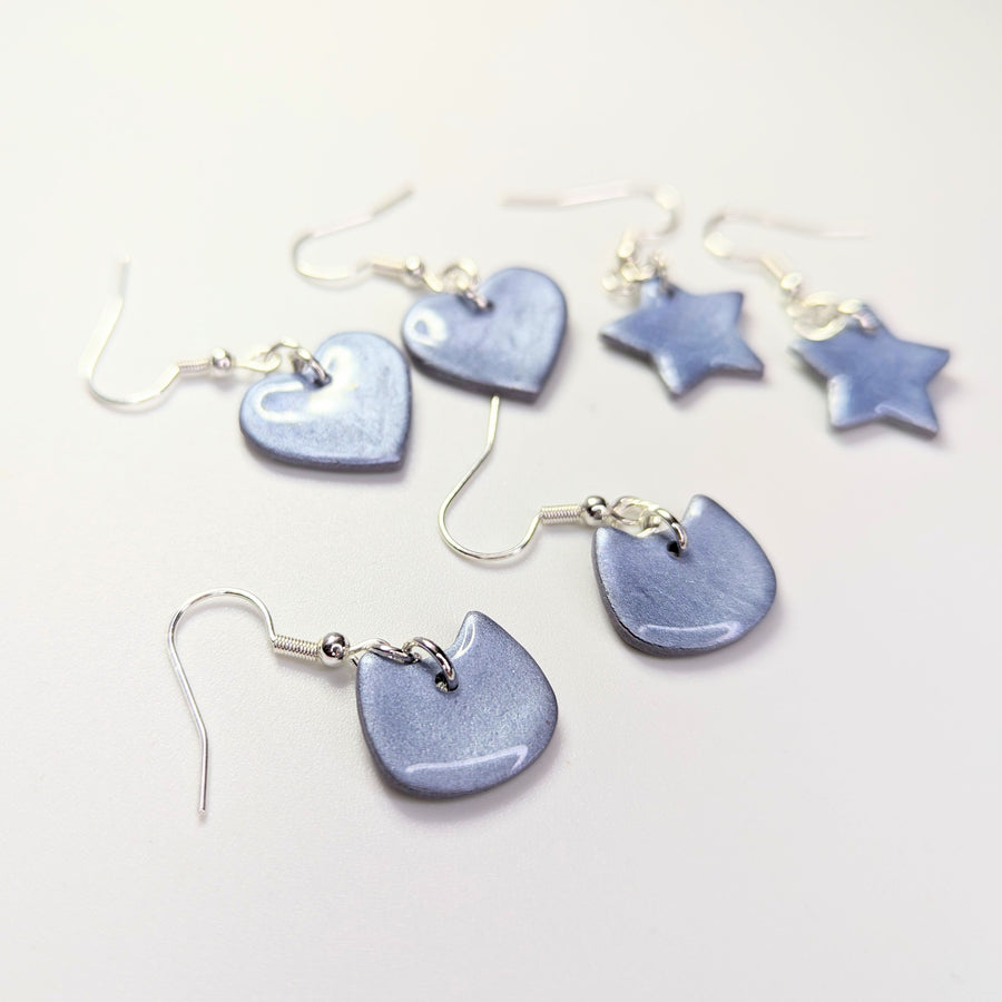 Sparkly Silvery Blue Star, Heart & Cat Face Drop Earring Triple Pack