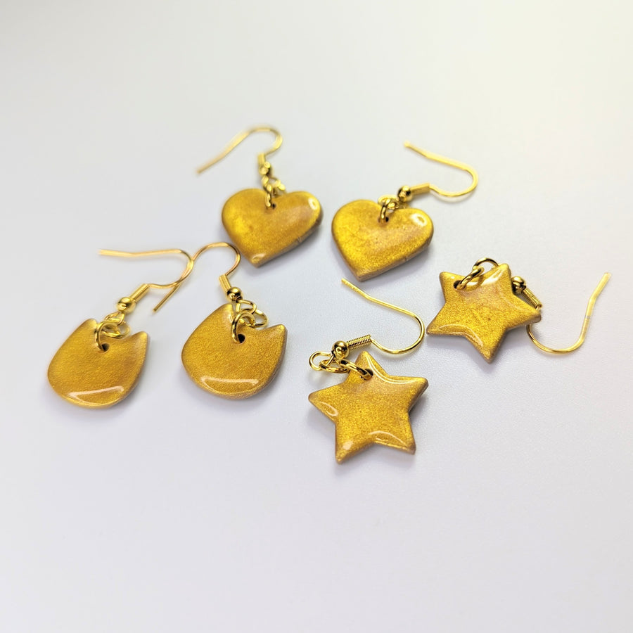 Sparkly Gold Star, Heart & Cat Face Drop Earring Triple Pack