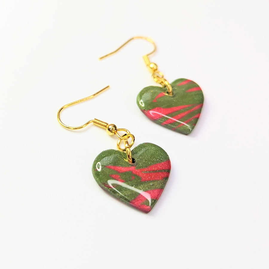Sparkly Green & Red Heart Drop Earrings