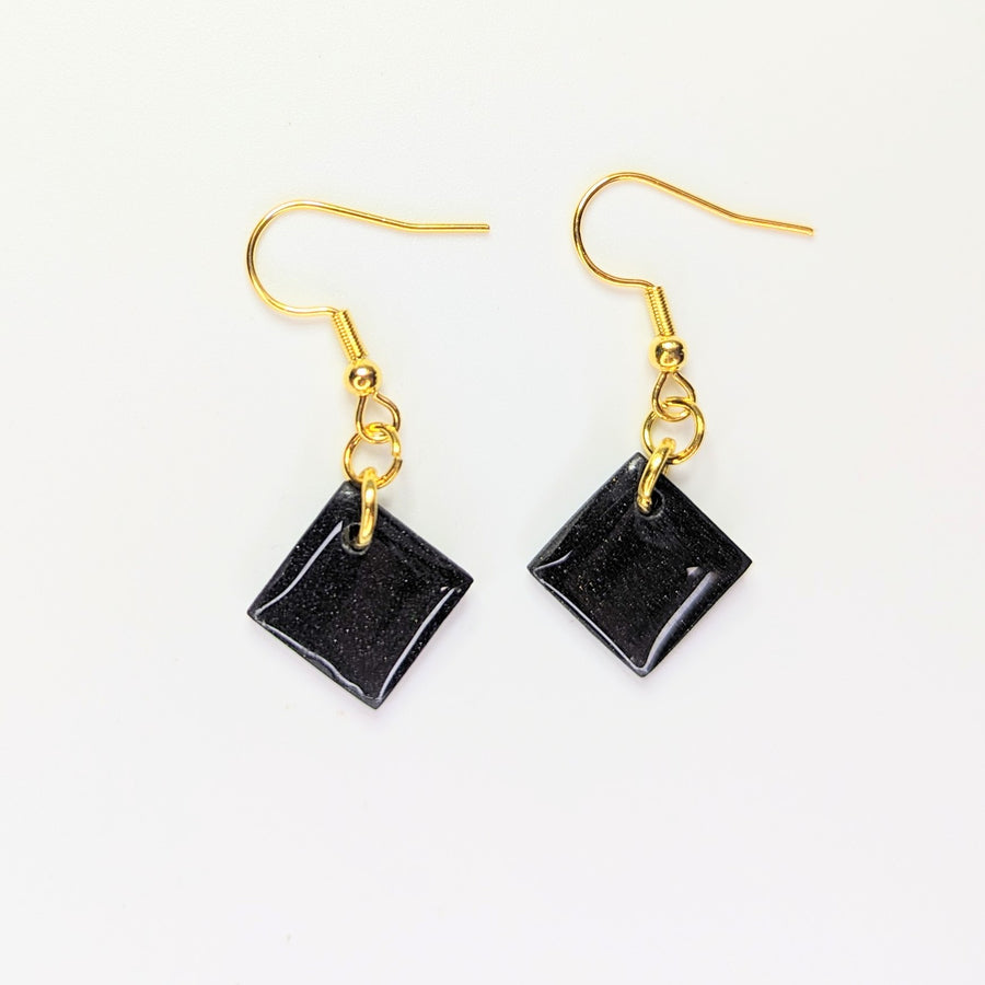 Sparkly Black Diamond on Gold Drop Earrings