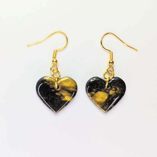 Sparkly Black with Gold Dust Heart Drop Earrings