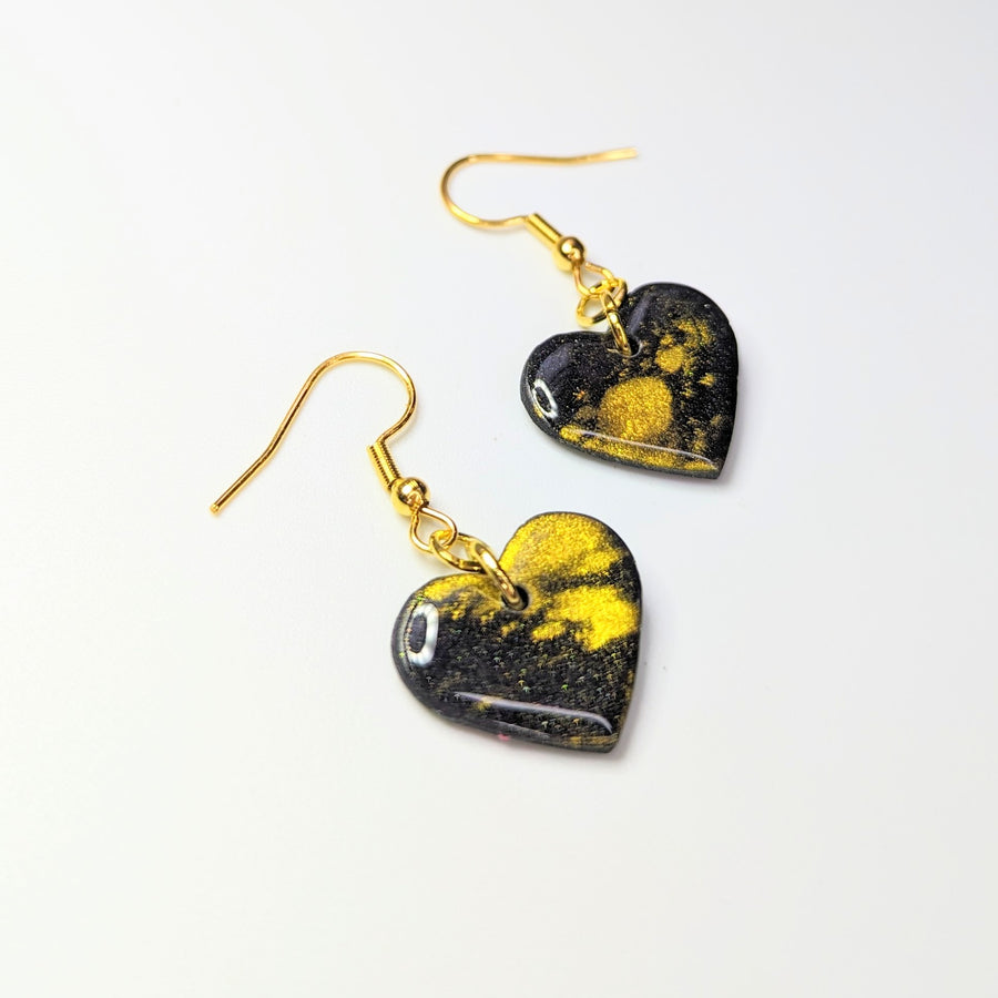Sparkly Black with Gold Dust Heart Drop Earrings