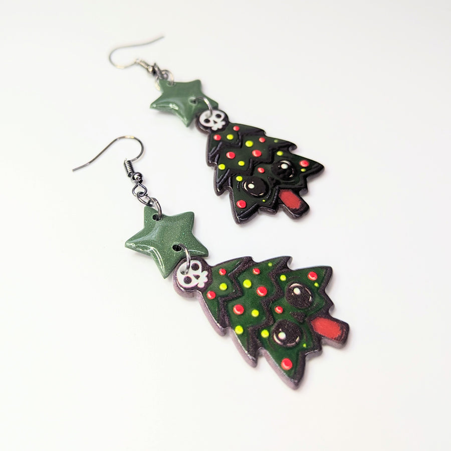 Sparkly Star Topped Creepy Christmas Tree Trapeze Earrings