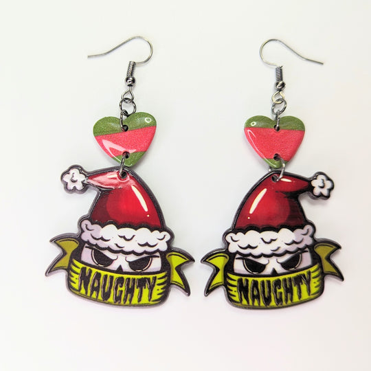 Striped Heart Topped Naughty Christmas Trapeze Earrings