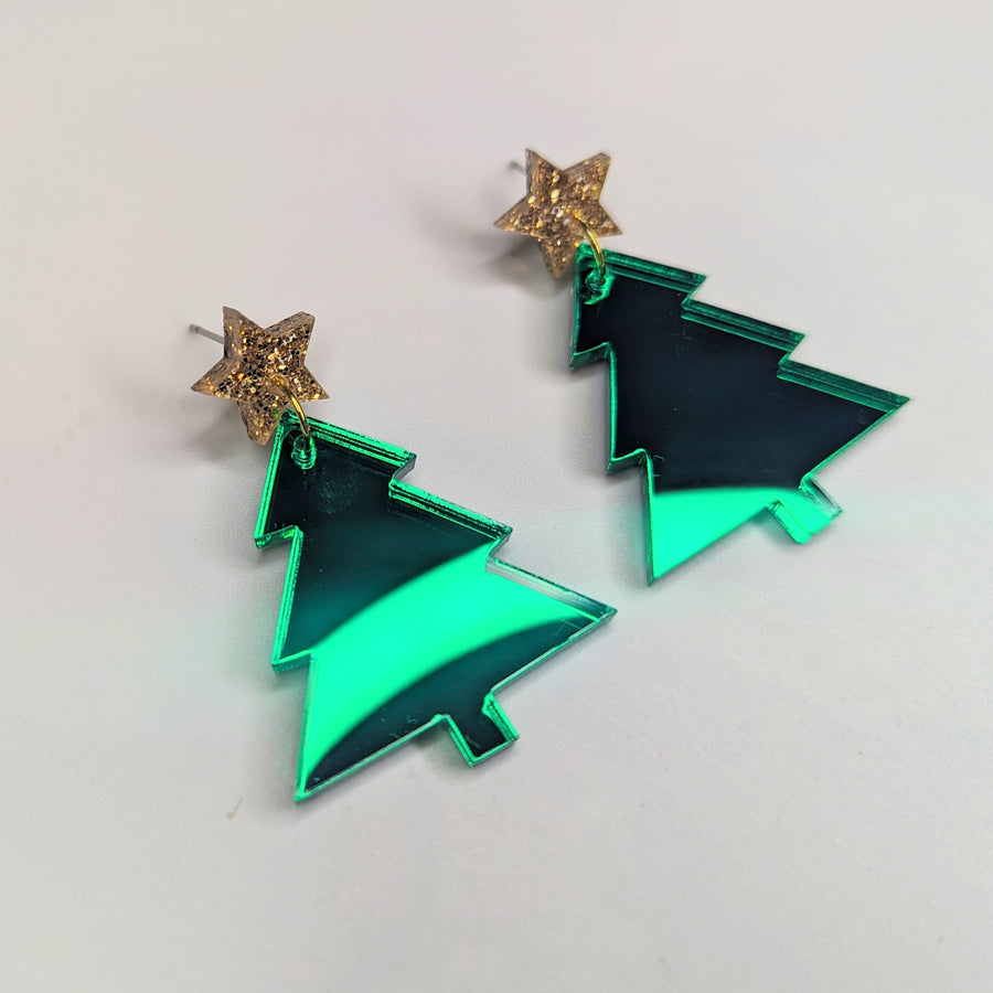 Acrylic Sparkly Gold Star Topped Christmas Tree Trapeze Earrings