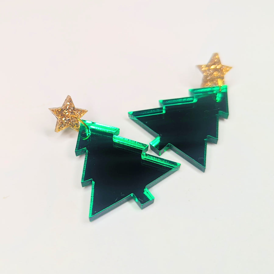 Acrylic Sparkly Gold Star Topped Christmas Tree Trapeze Earrings