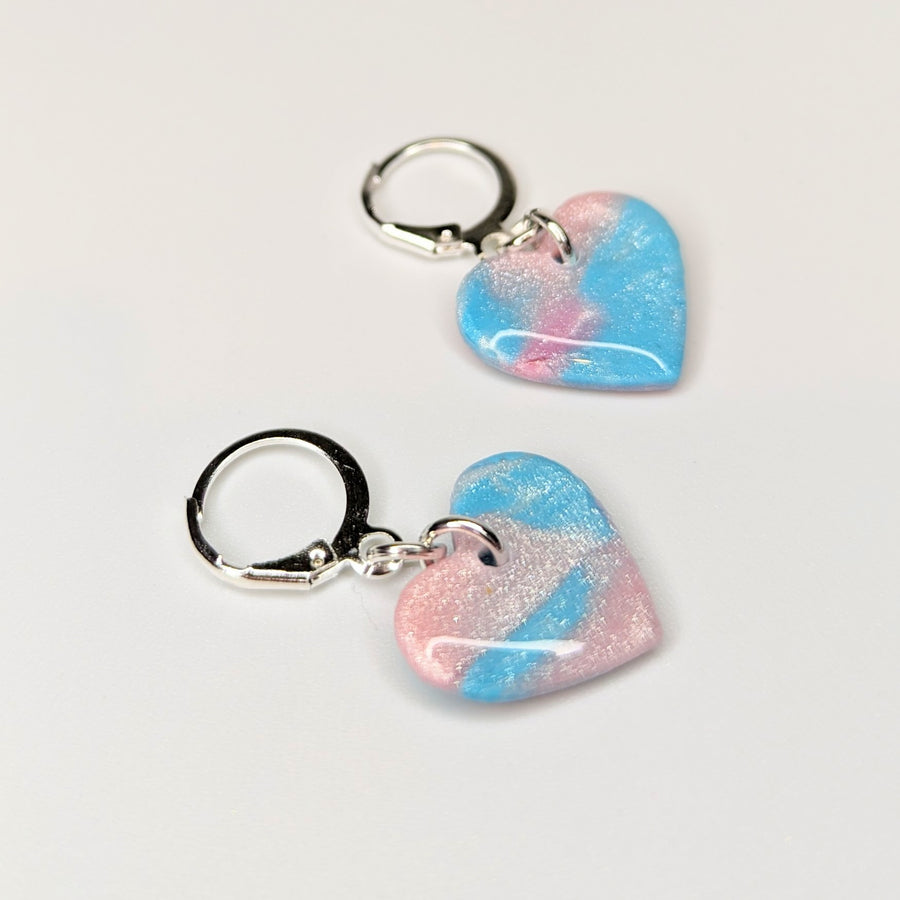 Sparkly Blue & Pink Heart Huggie Hoop Earrings