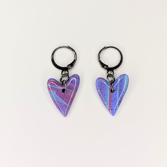 Sparkly Marbled Blue, Pink & Purple Heart Huggie Hoop Earrings