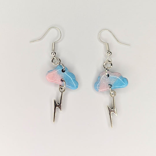 Sparkly Cute Marbled Blue & Pink Cloud & Lightning Bolt Trapeze Earrings