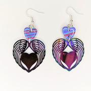 Sparkly Purple Striped Heart Top Filigree Winged Heart Trapeze Earrings