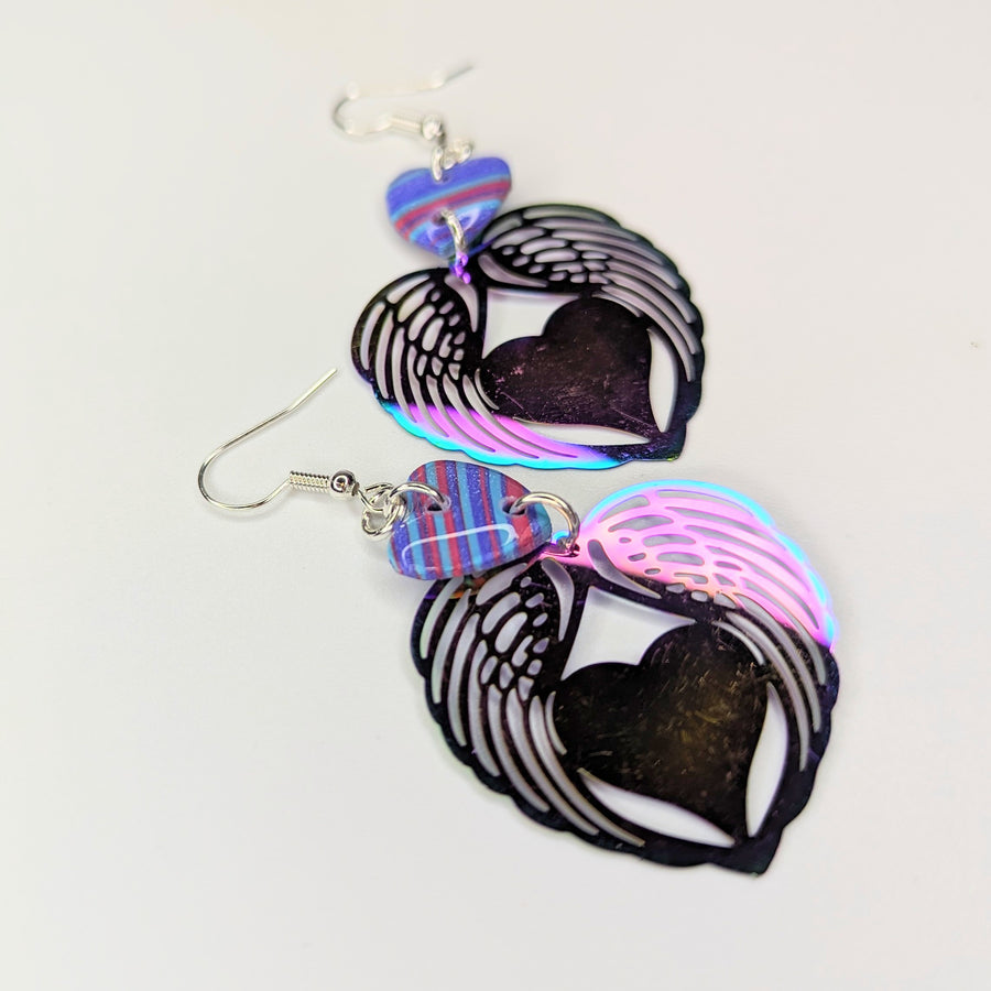 Sparkly Purple Striped Heart Top Filigree Winged Heart Trapeze Earrings