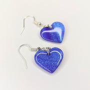 Sparkly Marbled Blue & Purple Heart Drop Earrings