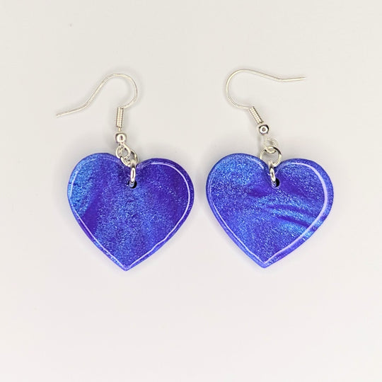 Medium Size Sparkly Marbled Blue & Purple Heart Drop Earrings