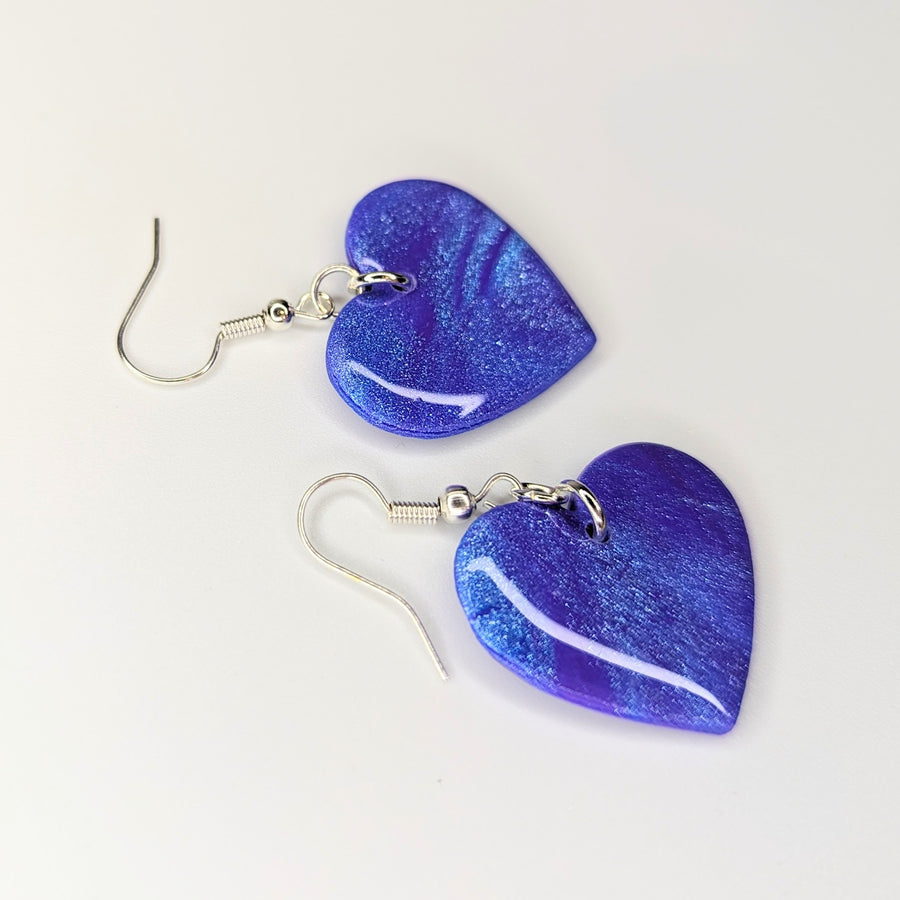 Medium Size Sparkly Marbled Blue & Purple Heart Drop Earrings