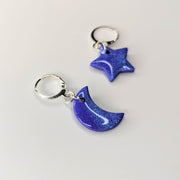 Sparkly Marbled Blue & Purple Moon & Star Huggie Hoop Earrings