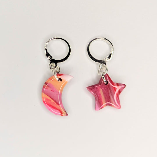Sparkly Marbled Pink Moon & Star Huggie Hoop Earrings