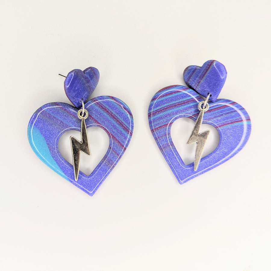 Double Stripey Purple Heart with Lightning Bolt Charm Trapeze Earrings