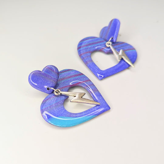 Double Stripey Purple Heart with Lightning Bolt Charm Trapeze Earrings