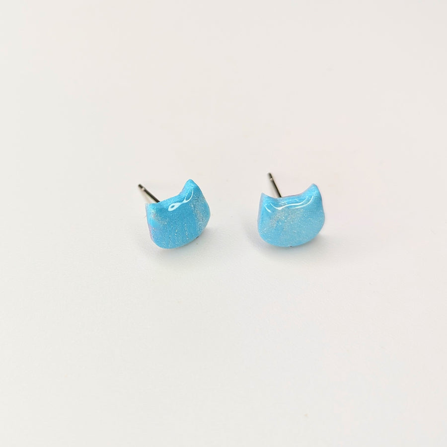 Sparkly Blue, White & Pink Cat Face Stud Earrings