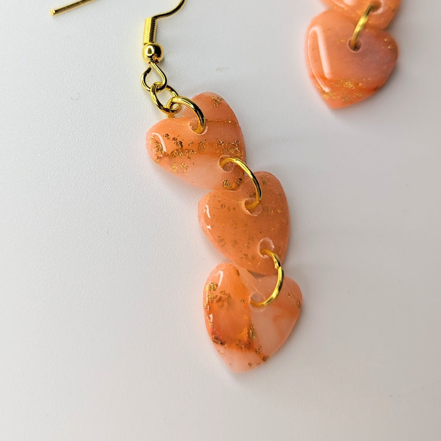 Gold & Rose Quartz Style Triple Heart Drop Trapeze Earrings