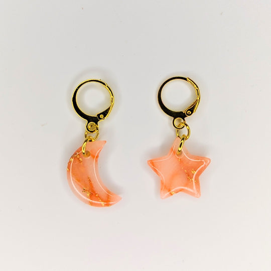 Gold & Rose Quartz Style Star & Moon Huggie Hoop Earrings