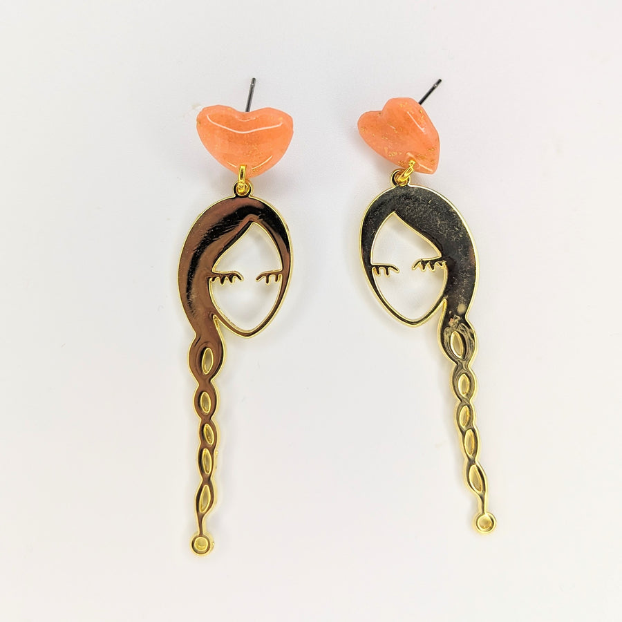 Gold & Rose Heart Topped Plaited Hair Girl Face Trapeze Earrings