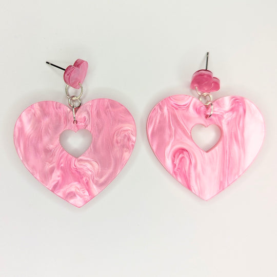 Double Heart Marbled Pink Acrylic Trapeze Earrings