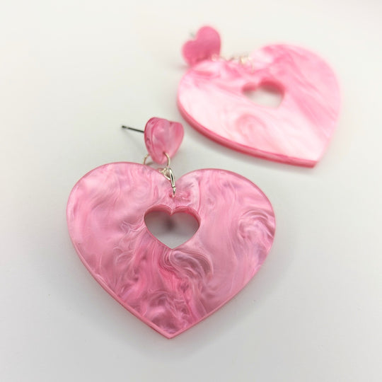 Double Heart Marbled Pink Acrylic Trapeze Earrings
