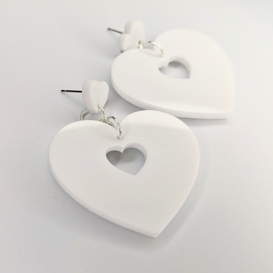 Double Heart White Acrylic Trapeze Earrings