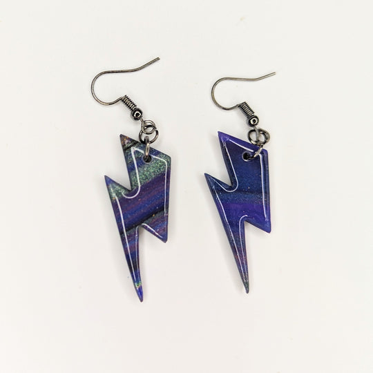 Marbled Sparkly Spacey Blue Lightning Bolt Drop Earrings