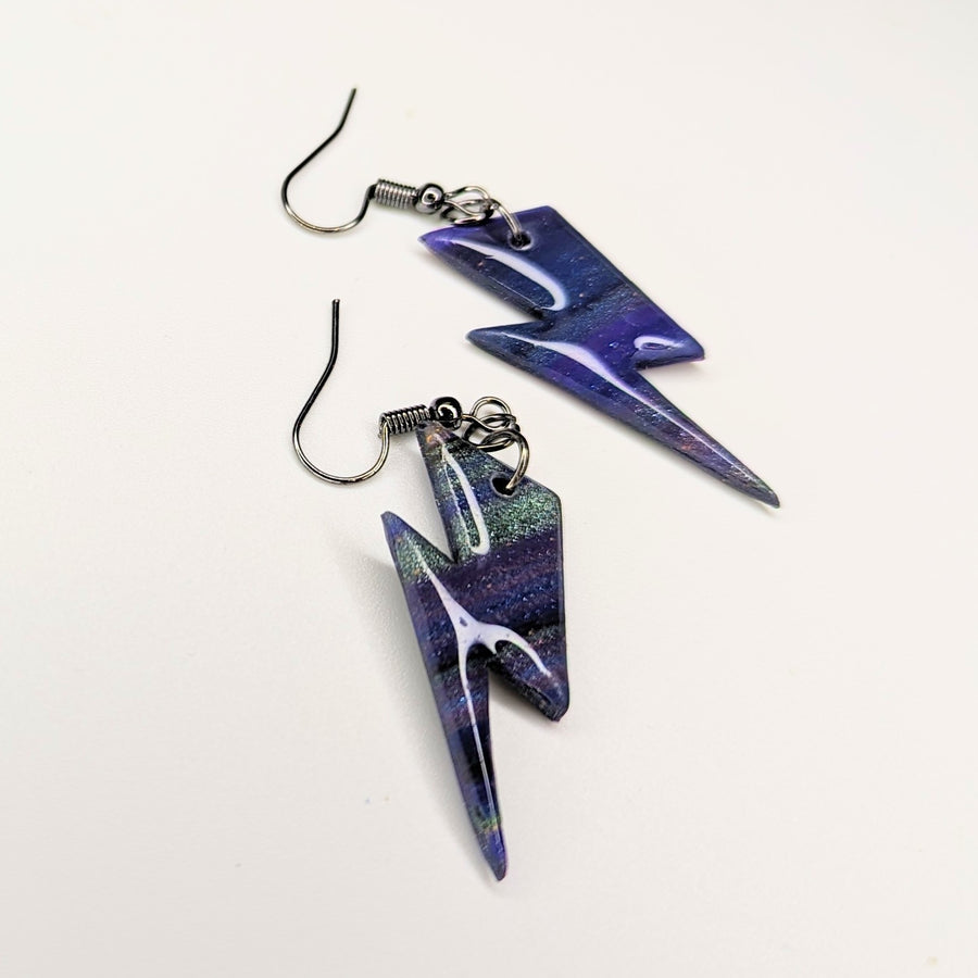 Marbled Sparkly Spacey Blue Lightning Bolt Drop Earrings
