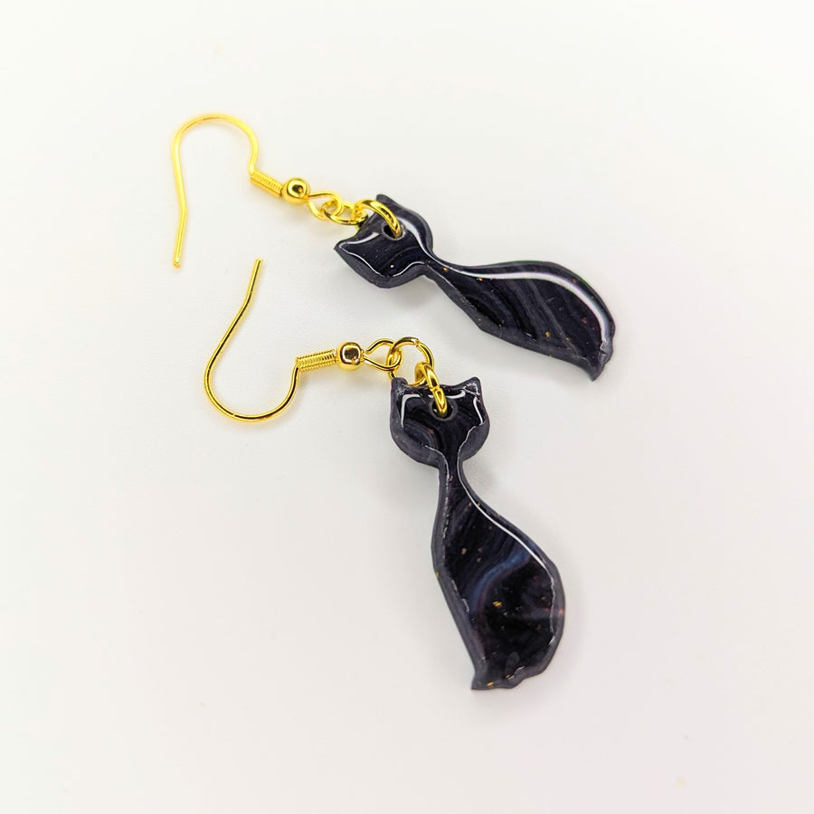 Sparkly Marbled Slender Cat Drop Earrings