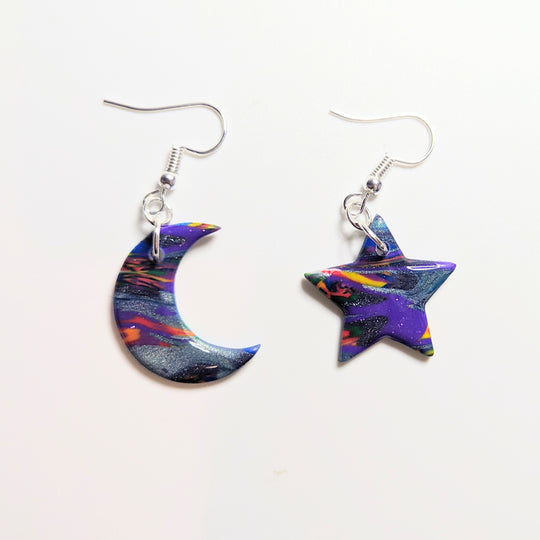 Sparkly Marbled Star & Moon Drop Earrings
