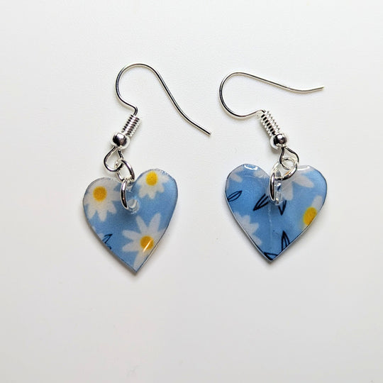 Semi Translucent Floral Print Heart Drop Earrings