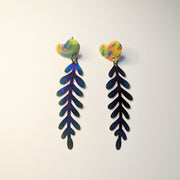 Marbled Neon Heart Topped Filigree Leaf Trapeze Earrings