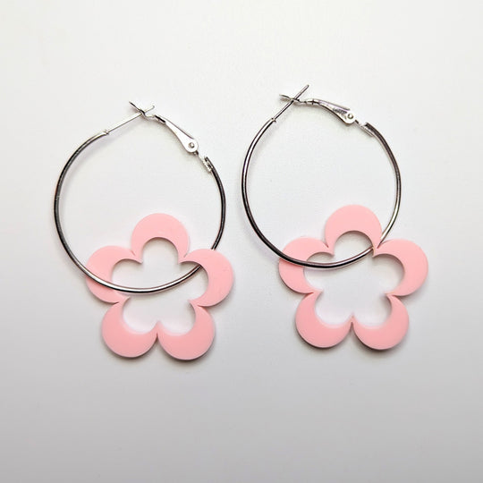 Baby Pink Flower Acrylic Hoop Earrings