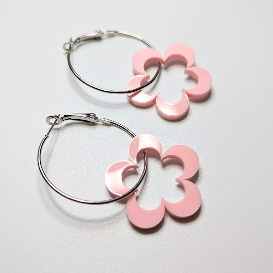 Baby Pink Flower Acrylic Hoop Earrings
