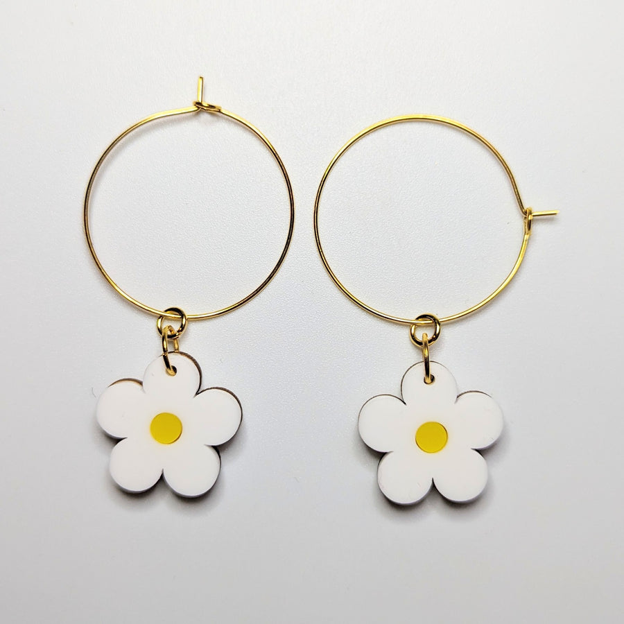 White & Yellow Daisy Acrylic Hoop Earrings