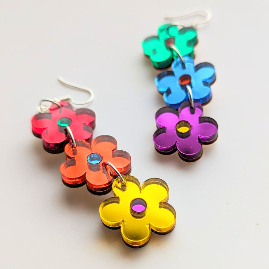 Triple Rainbow Daisy Mirrored Acrylic Trapeze Earrings