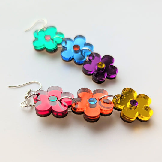 Triple Rainbow Flower Mirrored Acrylic Trapeze Earrings