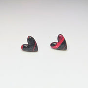 Striped Sparkly Red & Black Cute Heart Stud Earrings
