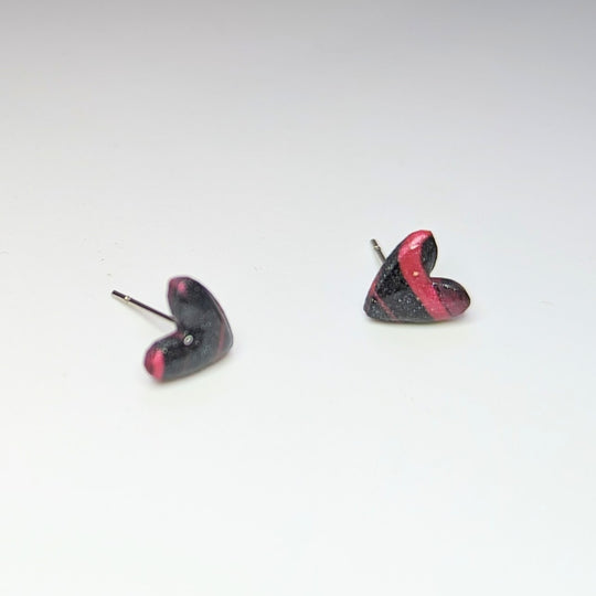 Striped Sparkly Red & Black Cute Heart Stud Earrings
