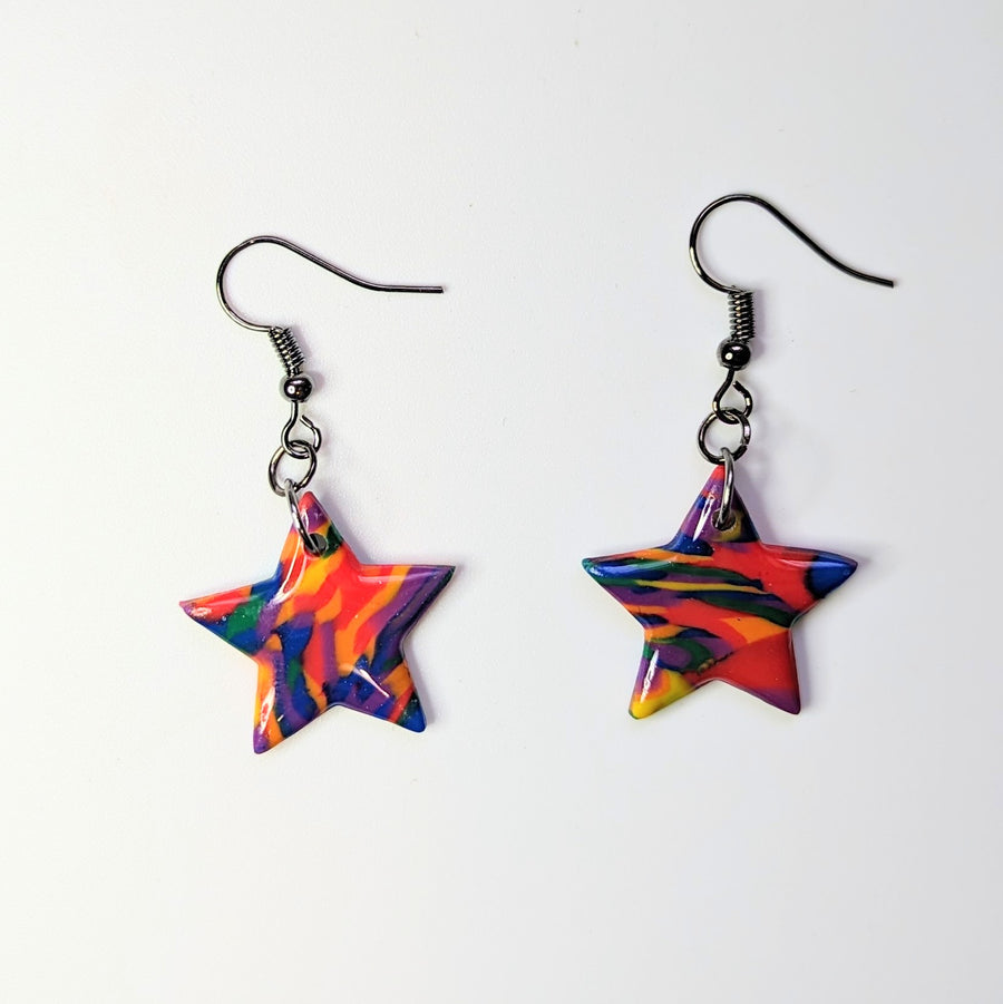 Marbled Multi-Coloured Rainbow Star Drop Earrings